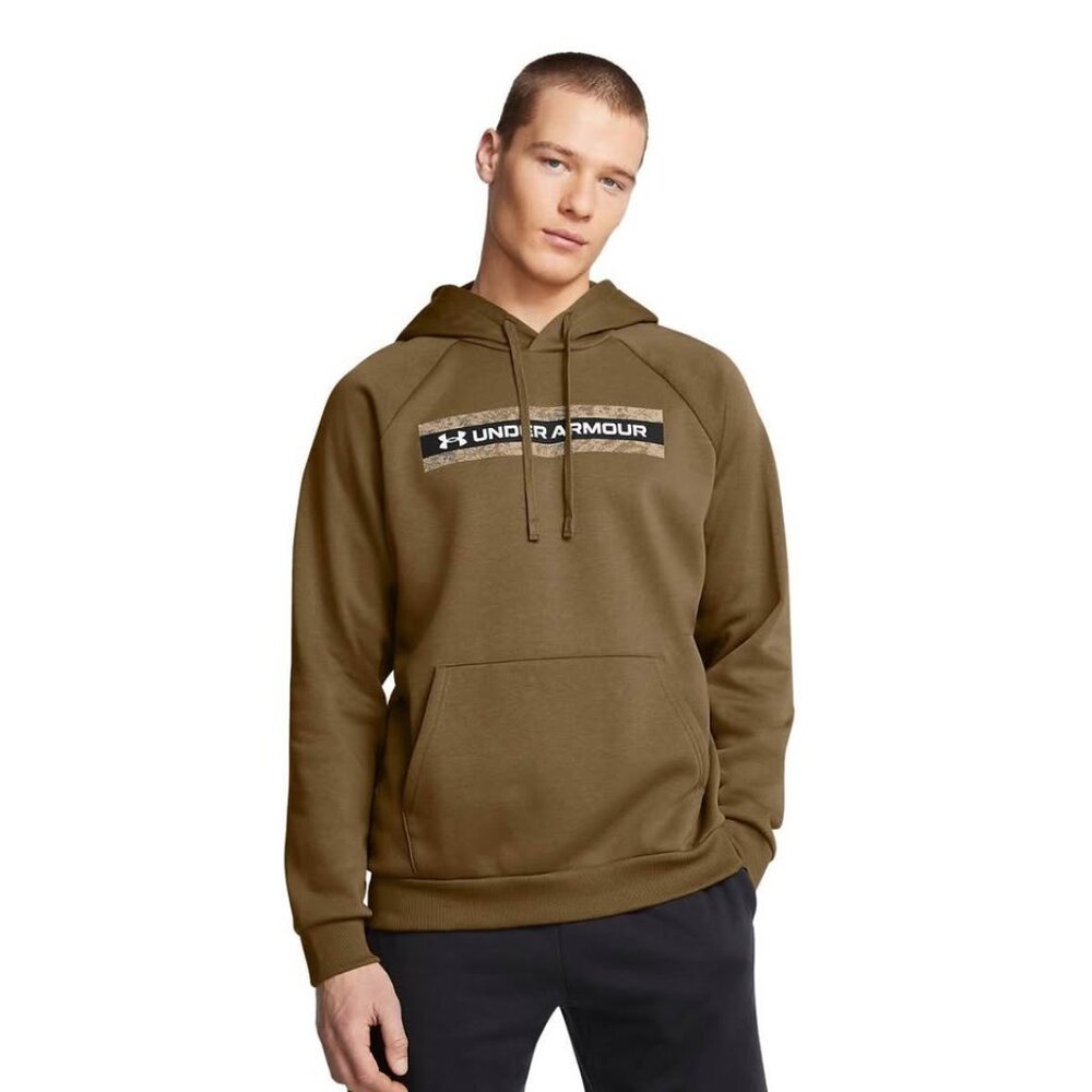 Men's Under Armour Rival Fleece Camo Chest Stripe Hoodie-Small-Coyote